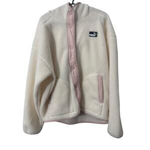 Puma Hooded Sherpa Fleece Jacket Womens Ivory Pink Athletic Outerwear Large